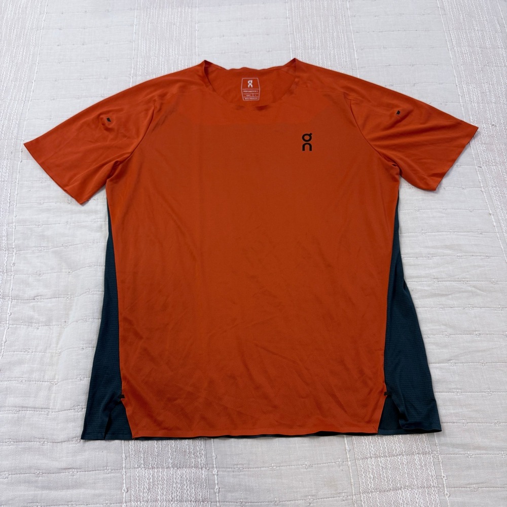 On Running Performance-T Mens L Orange Grey Short Sleeve Running Shirt